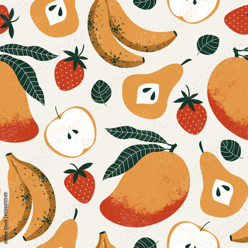 Fruits seamless pattern. Banana with mango and strawberry with apple. Textured retro style vector illustration. Vector illustration