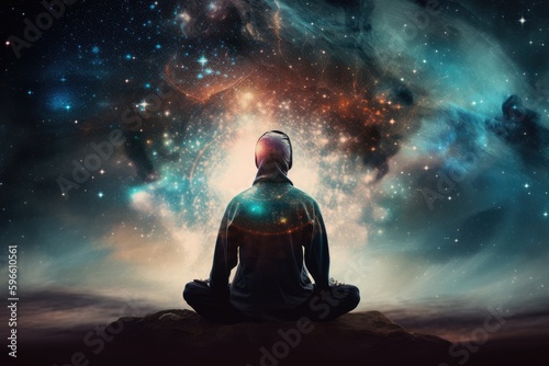 Man in meditation pose. Enlightenment psychic wave transcendence of consciousness generative ai