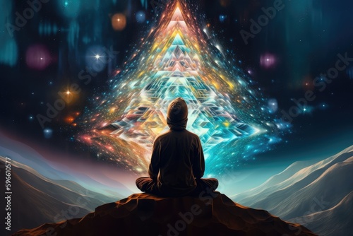 Man in meditation pose. Enlightenment psychic wave transcendence of consciousness generative ai photo