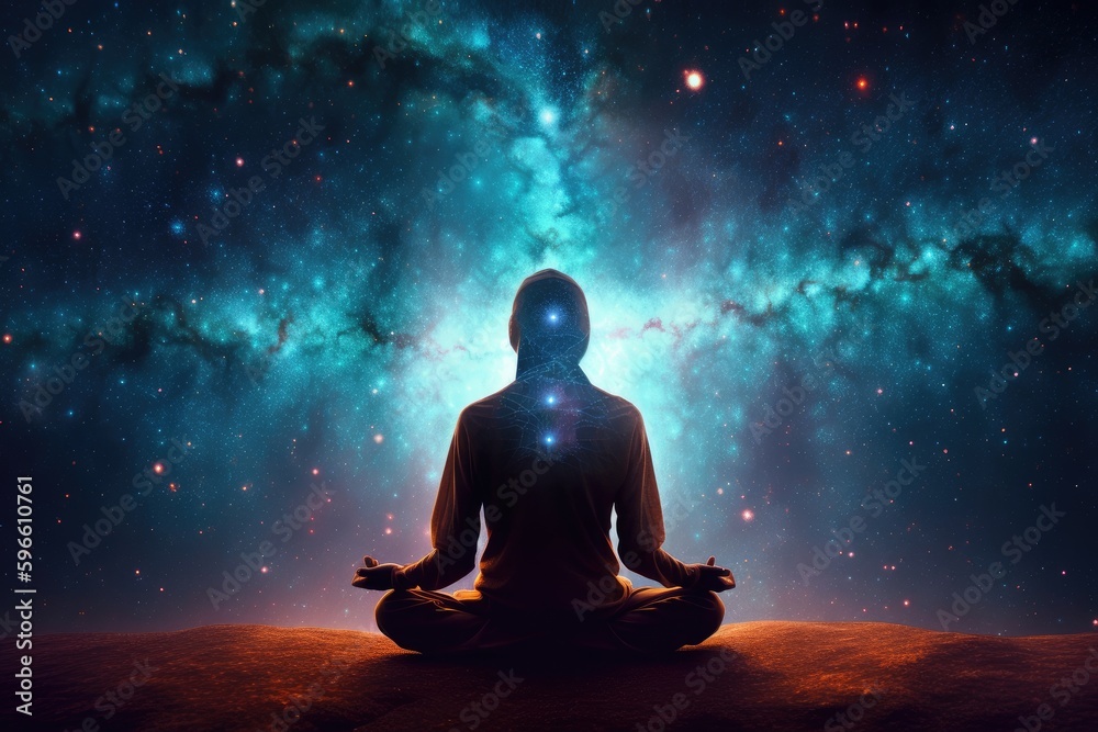 Man in meditation pose. Enlightenment psychic wave transcendence of consciousness generative ai