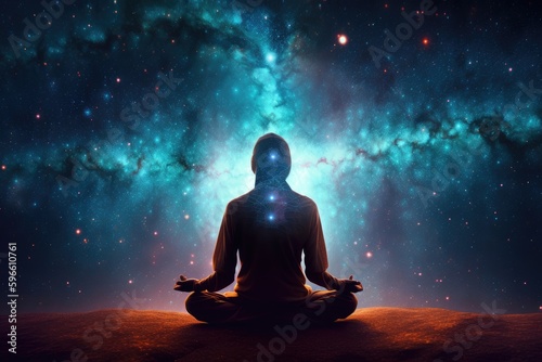 Man in meditation pose. Enlightenment psychic wave transcendence of consciousness generative ai © Roman