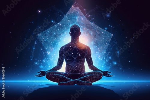 Man in meditation pose. Enlightenment psychic wave transcendence of consciousness generative ai photo