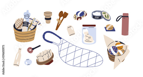 Eco recycled products set. Sustainable organic accessory, bathroom and kitchen stuff. Zero waste items. Natural cosmetic, reusable cup, mesh bag. Flat vector illustration isolated on white background