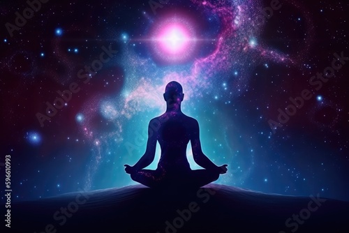 Man in meditation pose. Enlightenment psychic wave transcendence of consciousness generative ai photo