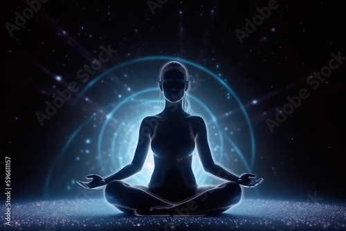 woman in meditation pose. Enlightenment psychic wave transcendence of consciousness generative ai