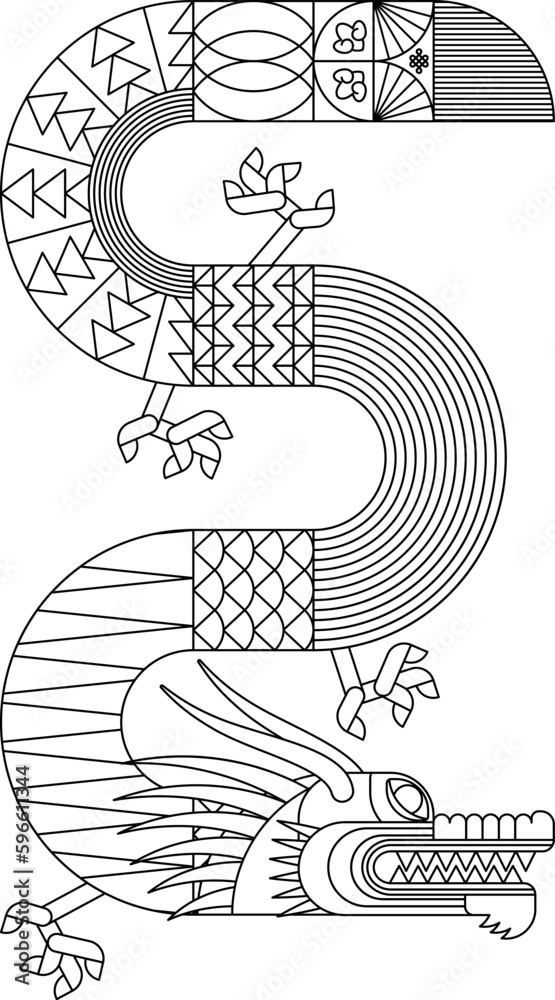 Obraz premium Abstract geometric chinese dragon. Modern minimalistic shape design. Zodiac sign. Sacred animal. Bauhaus tile motif. Line flat vector illustration. Template for greeting card, banner, poster.