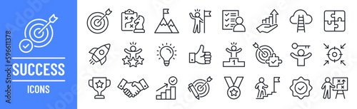 Success icon set. Containing goal, achievement, medal, target, motivation and business strategy icons. Outline icon collection. Vector illustration.
