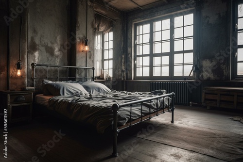 Industrial style bed in loft apartment. Generative AI