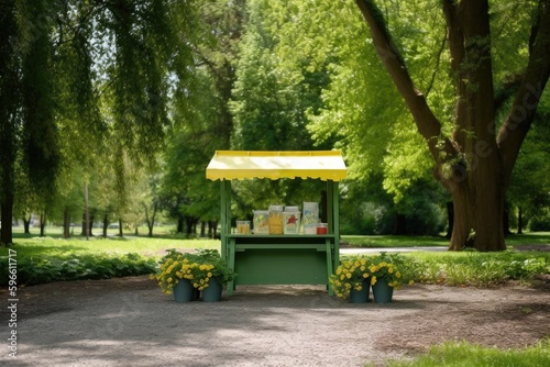 lemonade stand surrounded by lush greenery of a park, created with generative ai