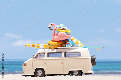 Summer vacation, travel holiday, van and beach accessories with beautiful sea background. 3d rendering 