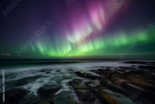 Colorful aurora borealis dancing over the Atlantic Ocean