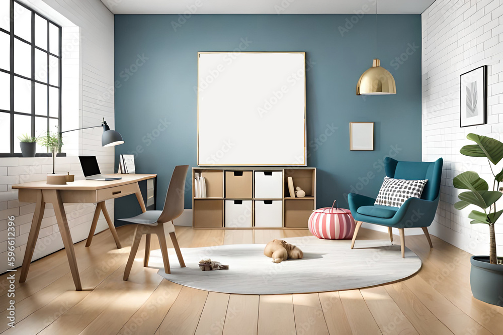 Frame mockup in modern Kids room interior, blue wall. AI Generated. Frame mockup in modern Kids room interior, blue wall. AI Generated.