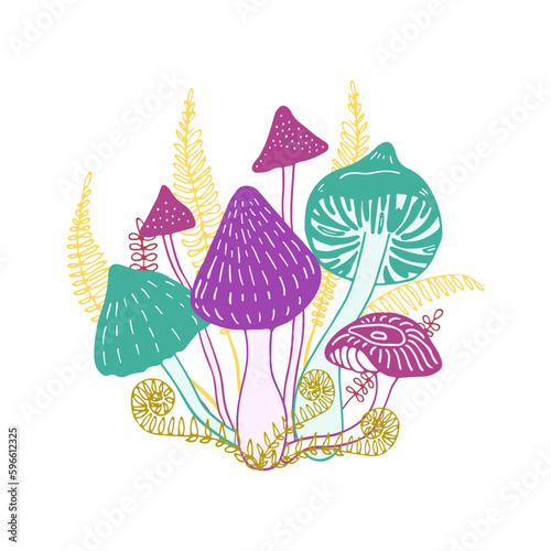 Six colorful forest mushrooms growing together with ferns and grasses isolated on white background. Bright  calm set of magical  fairy  fantasy mushrooms. Hand drawn vector illustration.