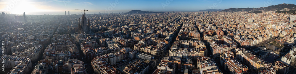 Aerial of the city of Barcelona on a sunny day in spring.