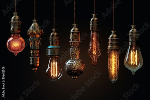 Decorative antique Edison style light bulbs, different shapes of retro lamps on dark 3d background