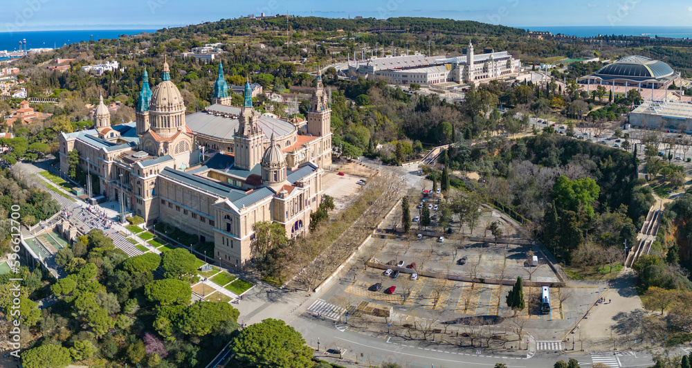 Aerial of the palace in Barcelona on a sunny day in spring.