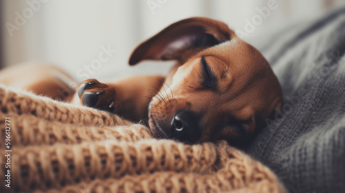 Adorable Puppy With Eyes Closed, Sleeping on Cozy, Soft Knitted Sweater. AI Generative Background photo