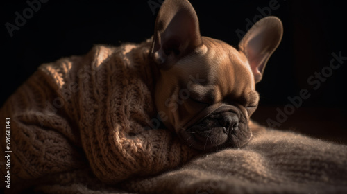 Little Puppy Closing Eyes and Squinting on Soft, Cozy Background for a Nap. AI Generative © vitpluz
