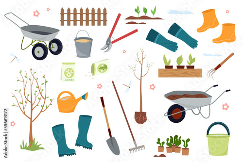 A set of tools for the garden. Vector illustration of gardening elements: shovel, rake, wheelbarrows, plants, watering, grass, gardening gloves, cart and trees. Horticulture concept.