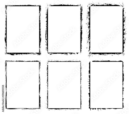 Set of frames in grunge style. Hand drawn design elements. Collection of empty borders. Black strokes on a white background. Vector illustration.