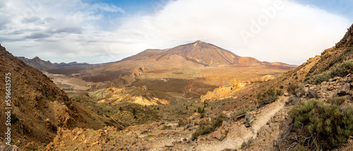 Panoramic view of the Teide National Park volcanic landscape, featuring the iconic peak of Pico del Teide, captured on an overcast day in November, perfect for hiking and exploring the extreme terrain