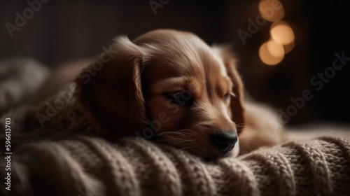Cute Baby Dog Squinting Eyes  Ready to Sleep on Soft Cozy Background. AI Generative