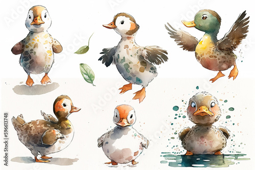 Set of Little ducklings on white background  generative ai.