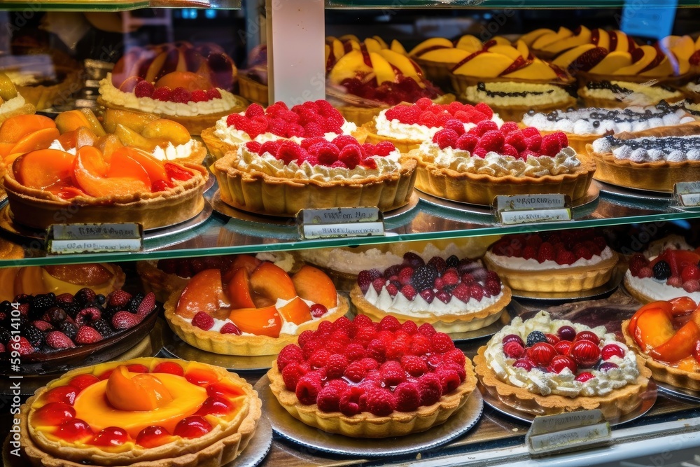 display of colorful fruit pies and tarts in bakery window, created with generative ai - obrazy, fototapety, plakaty 