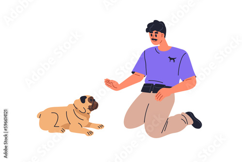 Canine specialist giving command to puppy. Professional dog trainer gesturing with hand palm, teaching, training doggy to lay down. Flat graphic vector illustration isolated on white background