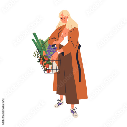 Woman customer with shopping basket, healthy vegetarian food, grocery products. Modern girl buying organic natural vegetables, fruits. Flat graphic vector illustration isolated on white background