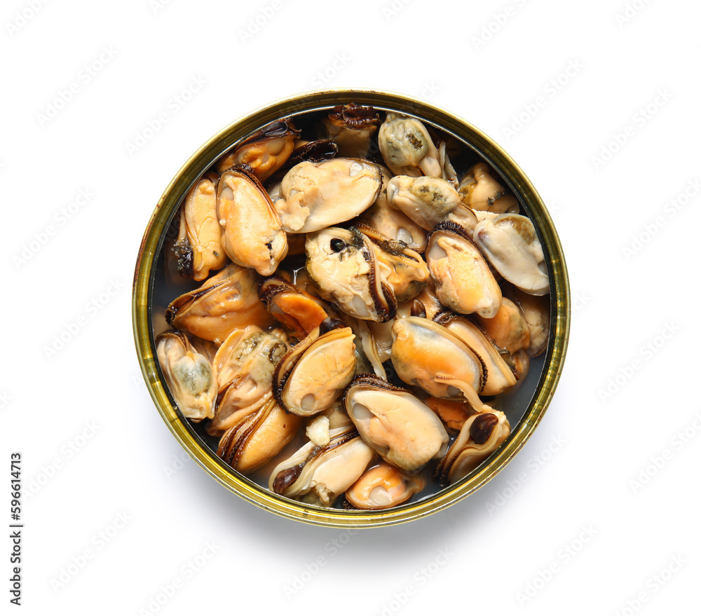 Opened tin can with mussels isolated on white background Opened tin can with mussels isolated on white background