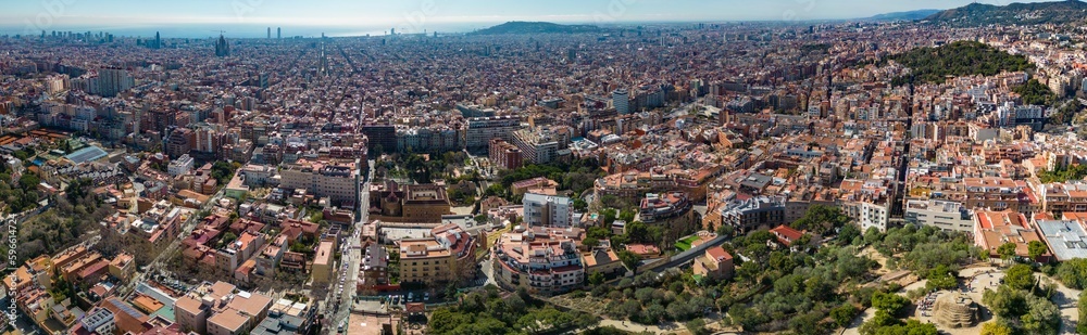  Aerial view around Barcelona on a sunny day in early spring.