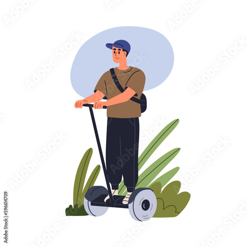 Man riding electric balance scooter. Modern guy driving gyroscooter with handle, standing on board. Eco-friendly mobile transport. Flat graphic vector illustration isolated on white background