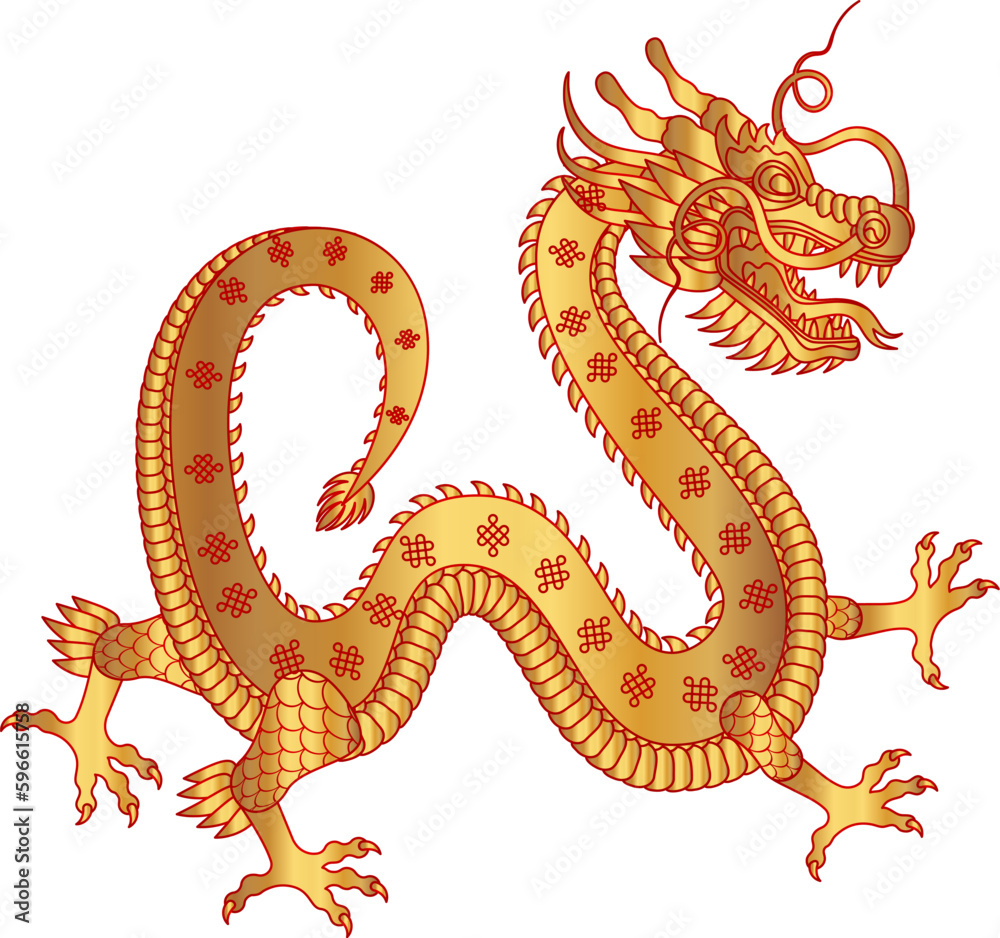Fototapeta premium Traditional golden red chinese dragon. Zodiac sign. Sacred animal, a symbol of goodness and power. Asian, japanese mascot and tattoo or T-shirt vector illustration.