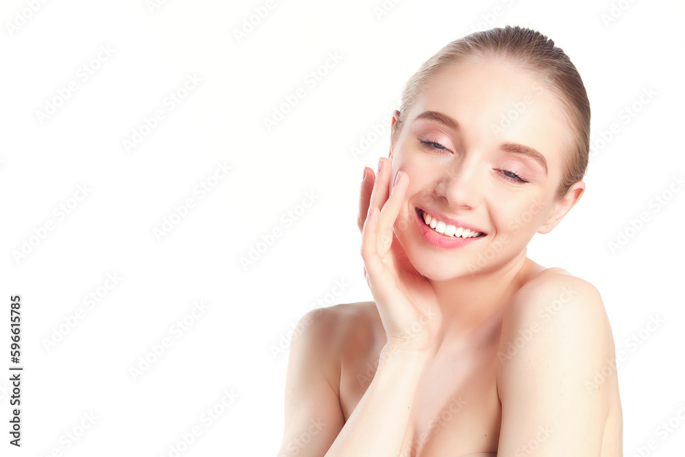 Portrait of beautiful woman with natural make up touching her face Portrait of beautiful woman with natural make up touching her face
