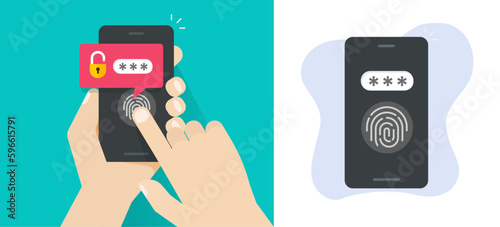 Mobile fingerprint touch id password code access message icon vector graphic illustration, thumb finger print secure identification cell phone biometric login, cellphone smartphone tech image