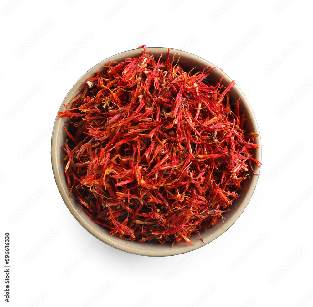 Fototapeta premium Bowl with Pile of saffron on white background
