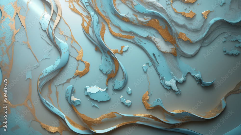 Abstract marble background in light blue and gray colors with gold streaks. Ai generative illustration