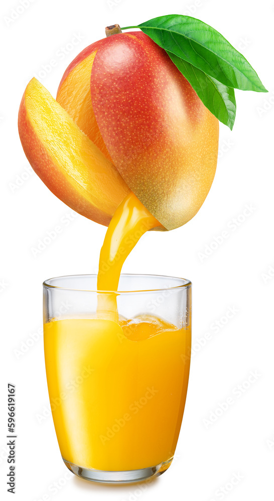 Mango juice glass and fresh juice pouring from mango fruit into the