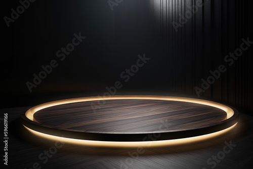a wooden circular platform podium with a yellow neon light on dark background. Created with Generative AI Technology