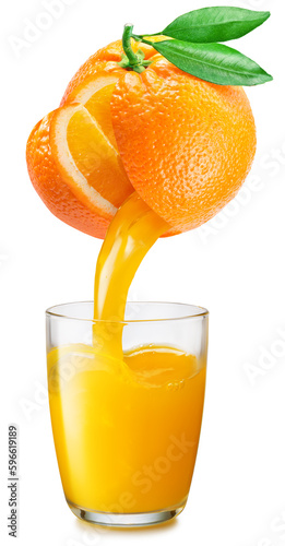 Glass of orange juice and fresh juice pouring from fruit into the glass on white background.