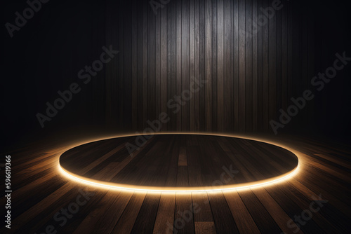 a wooden circular platform podium with a yellow neon light on dark background. Created with Generative AI Technology