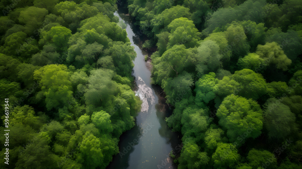 Bird's eye drone shot of lush green forest Bird's eye drone shot of lush green forest