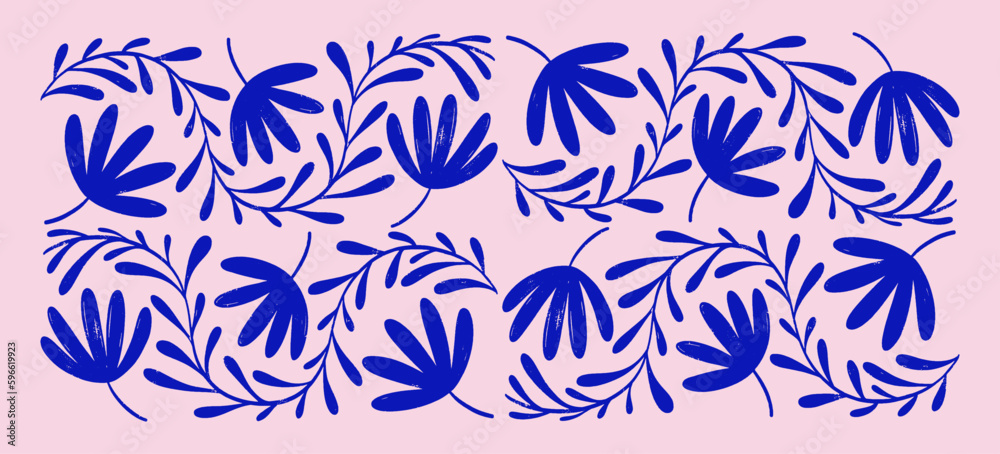 Fototapeta premium Hand Drawn Matisse Pattern Floral Background In Dusty Pink & Blue