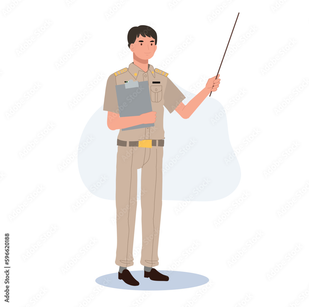 male Thai government officers in uniform. Thai man teacher holding pointer stick and clipboard, explaining knowledge. cartoon character, Flat Vector illustration male Thai government officers in uniform. Thai man teacher holding pointer stick and clipboard, explaining knowledge. cartoon character, Flat Vector illustration