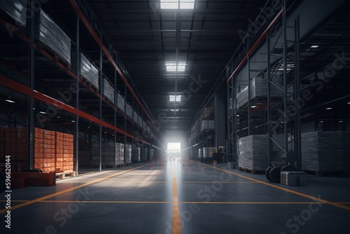 A 3D image of an empty warehouse logistics center with racks, cargo cart, and hangar entrance. Ideal for storing goods. Generative AI