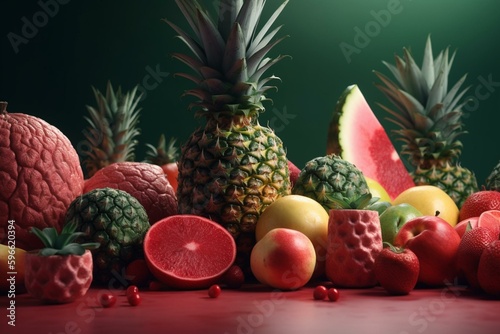 Fruit backdrop featuring pineapple and watermelon. Generative AI