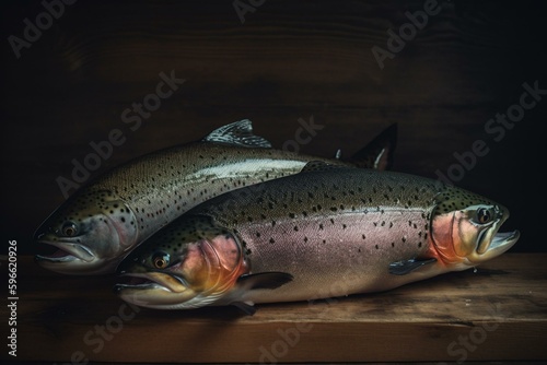 Old photo of trout and salmon. Generative AI
