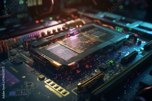 Futuristic server with printed circuit board processing on colorful technology background with bokeh in 3D rendering. Generative AI