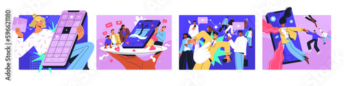 SMM concept. Social media, network marketing, online business promotion concept. Internet blog, content in mobile phone. Creative bloggers, influencers and followers. Flat vector illustrations set